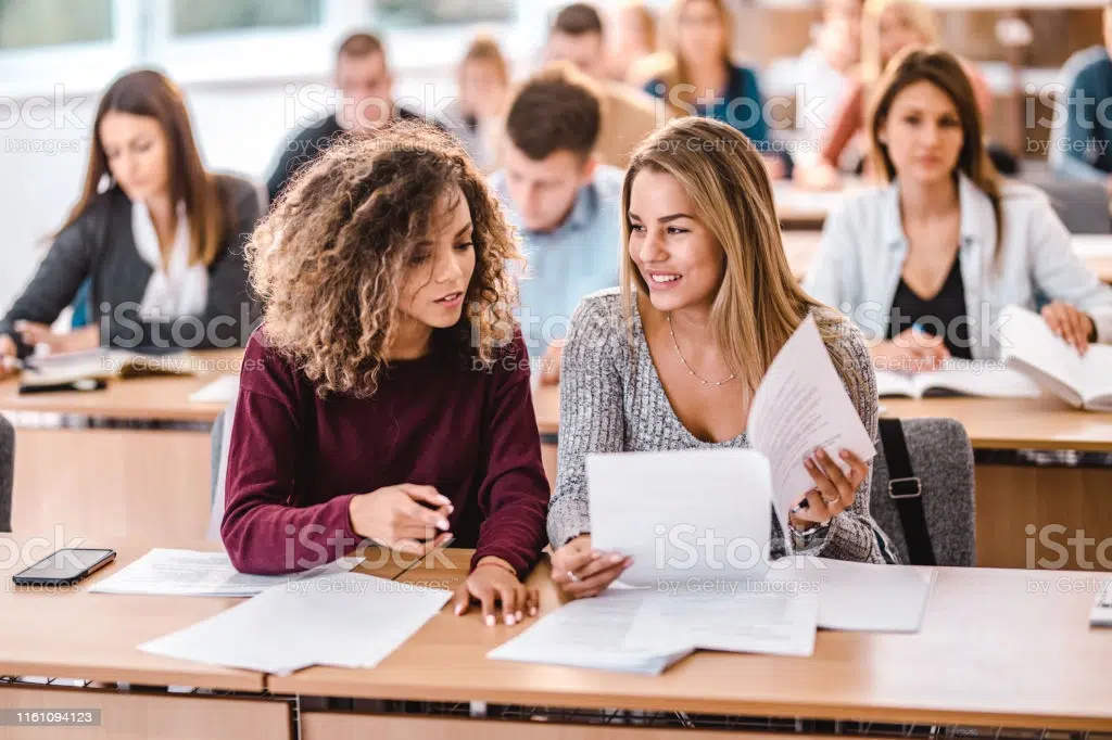 Female student cooperating with her friend